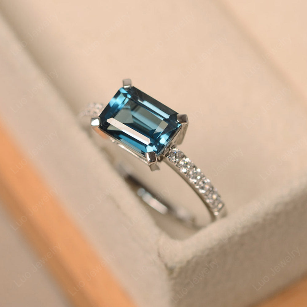 Emerald Cut London Blue Topaz Ring Horizontal Engagement Ring - LUO Jewelry