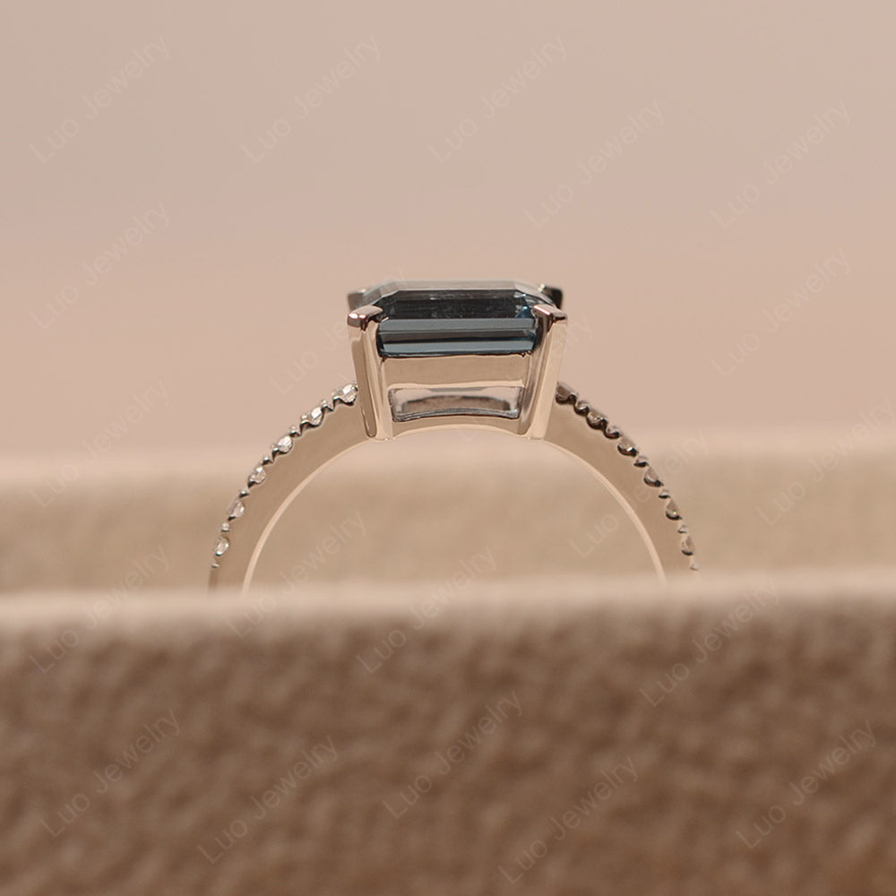 Emerald Cut London Blue Topaz Ring Horizontal Engagement Ring - LUO Jewelry