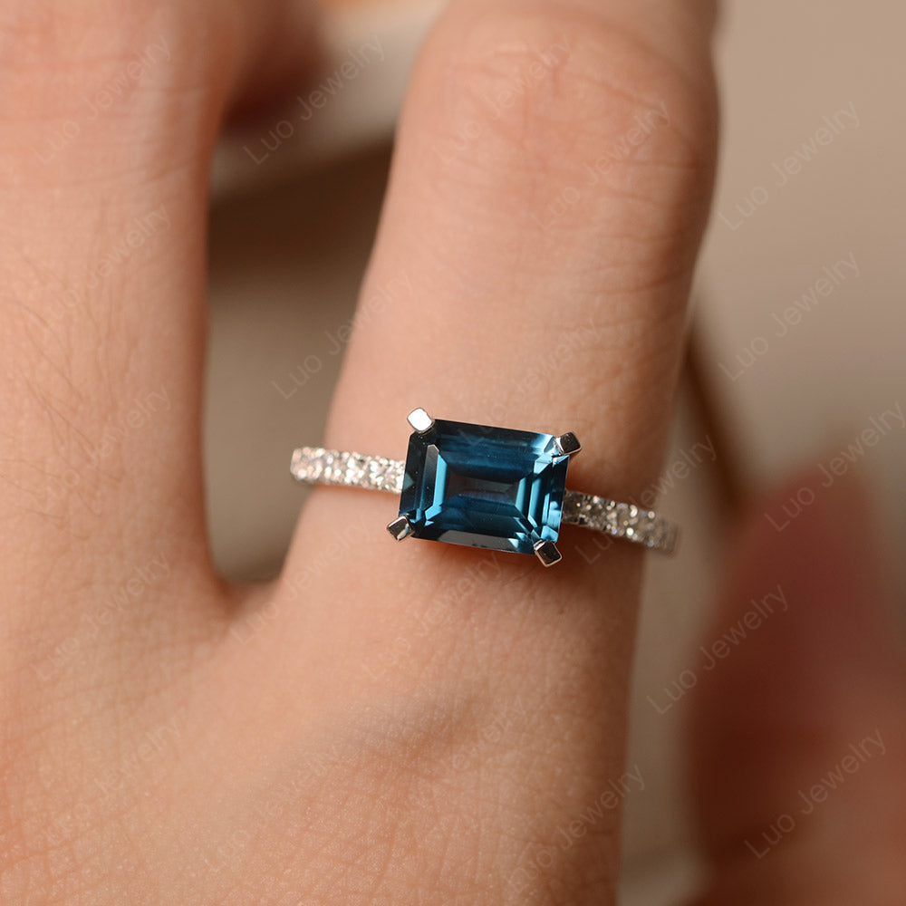 Emerald Cut London Blue Topaz Ring Horizontal Engagement Ring - LUO Jewelry