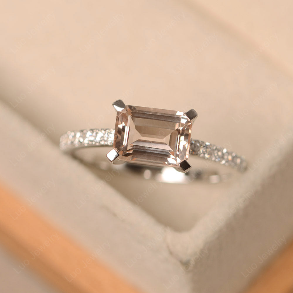 Emerald Cut Morganite Ring Horizontal Engagement Ring - LUO Jewelry