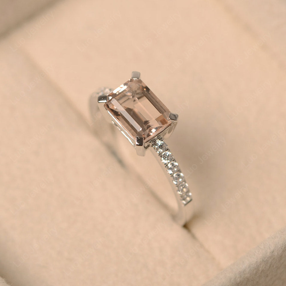 Emerald Cut Morganite Ring Horizontal Engagement Ring - LUO Jewelry