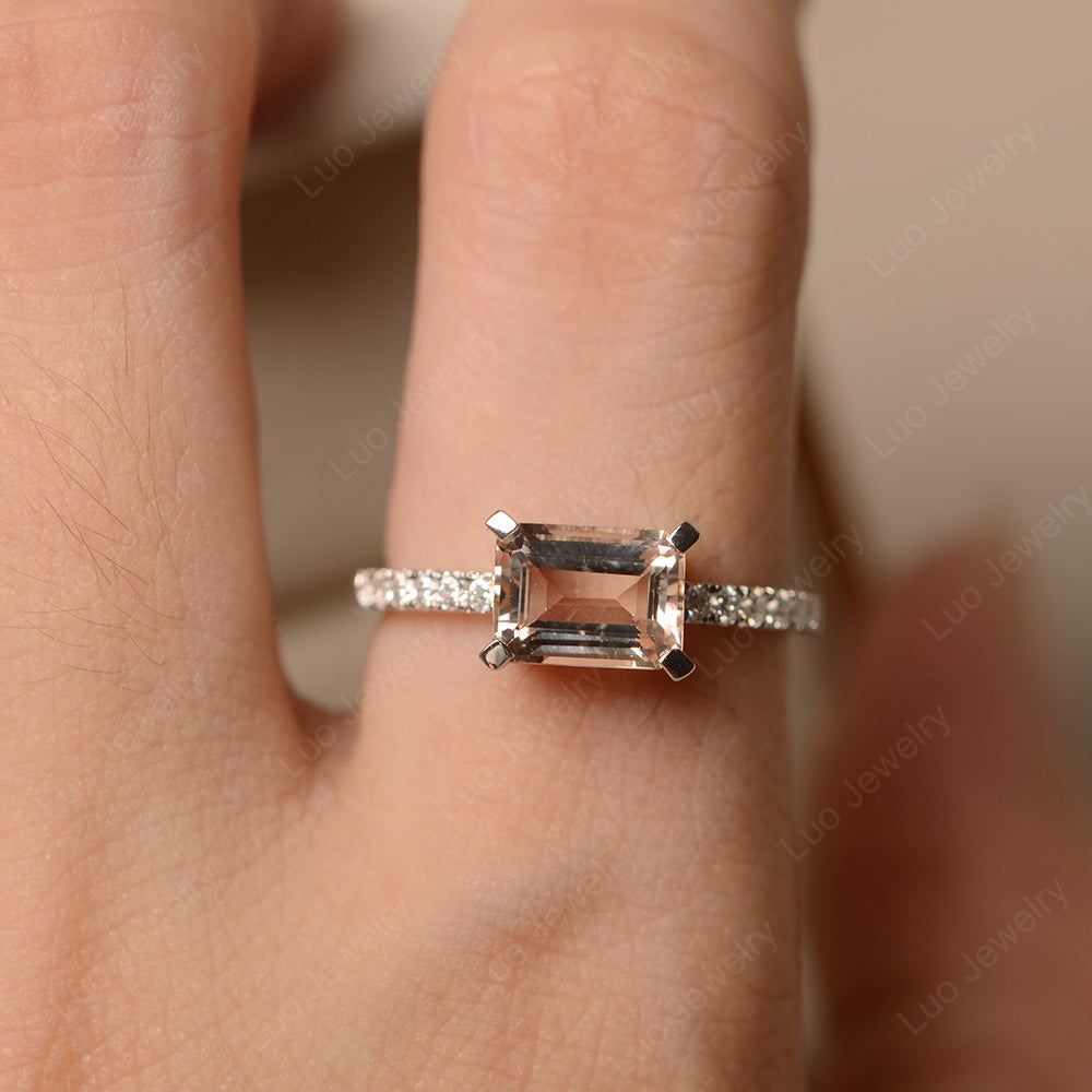 Emerald Cut Morganite Ring Horizontal Engagement Ring - LUO Jewelry