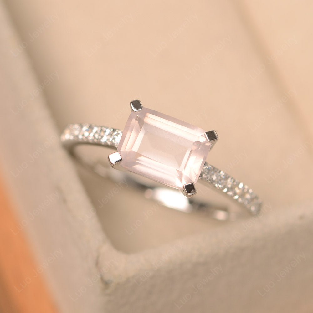 Emerald Cut Rose Quartz Ring Horizontal Engagement Ring - LUO Jewelry