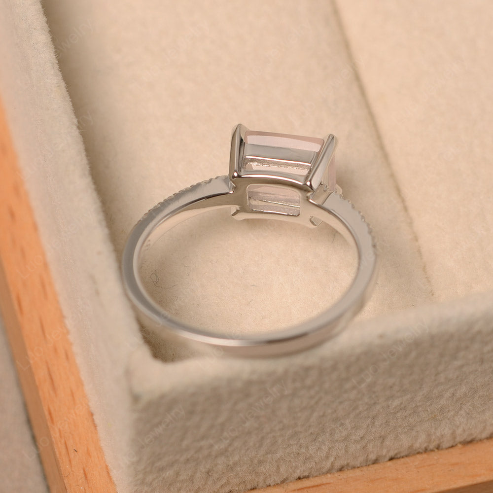 Emerald Cut Rose Quartz Ring Horizontal Engagement Ring - LUO Jewelry
