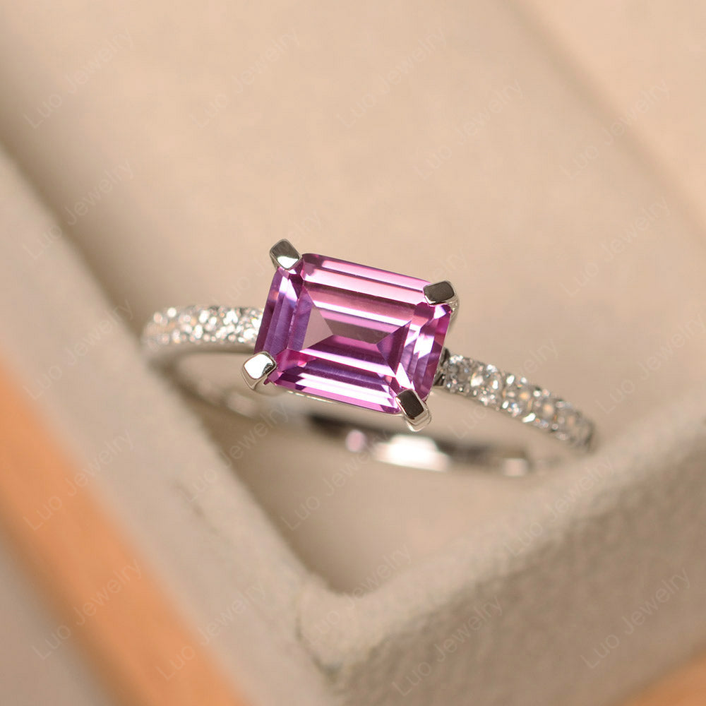 Emerald Cut Pink Sapphire Ring Horizontal Engagement Ring - LUO Jewelry