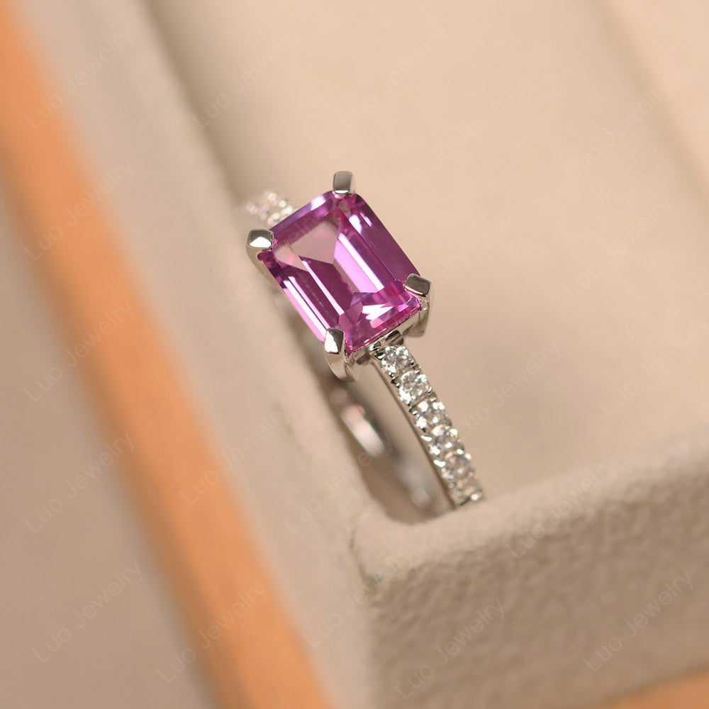 Emerald Cut Pink Sapphire Ring Horizontal Engagement Ring - LUO Jewelry