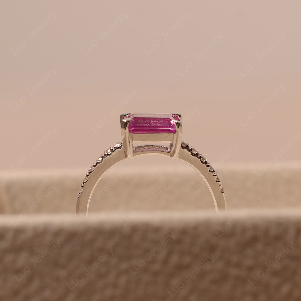 Emerald Cut Pink Sapphire Ring Horizontal Engagement Ring - LUO Jewelry