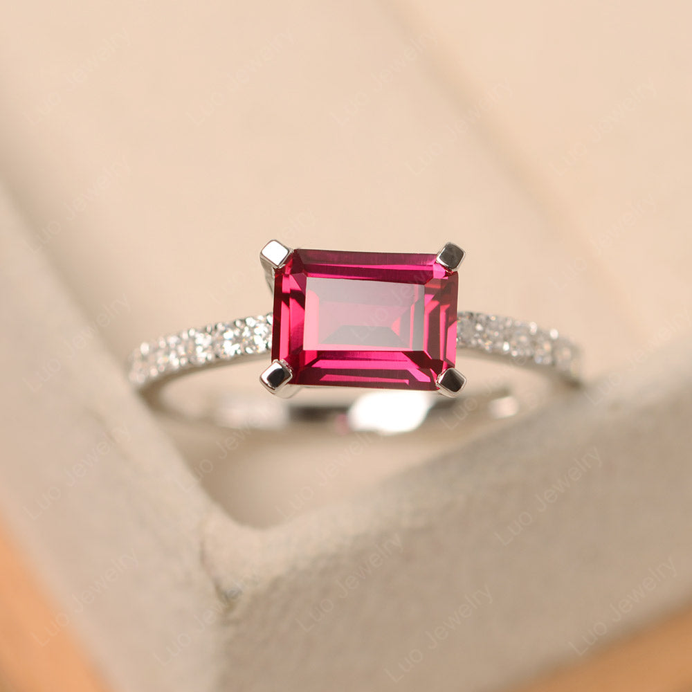 Emerald Cut Ruby Ring Horizontal Engagement Ring - LUO Jewelry