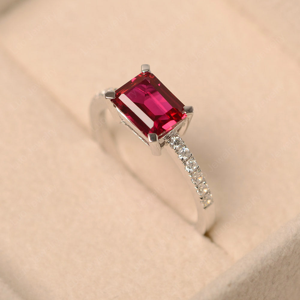 Emerald Cut Ruby Ring Horizontal Engagement Ring - LUO Jewelry