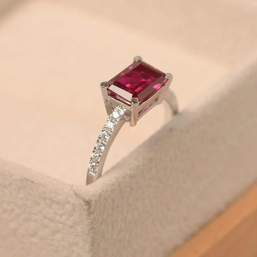 Emerald Cut Ruby Ring Horizontal Engagement Ring - LUO Jewelry