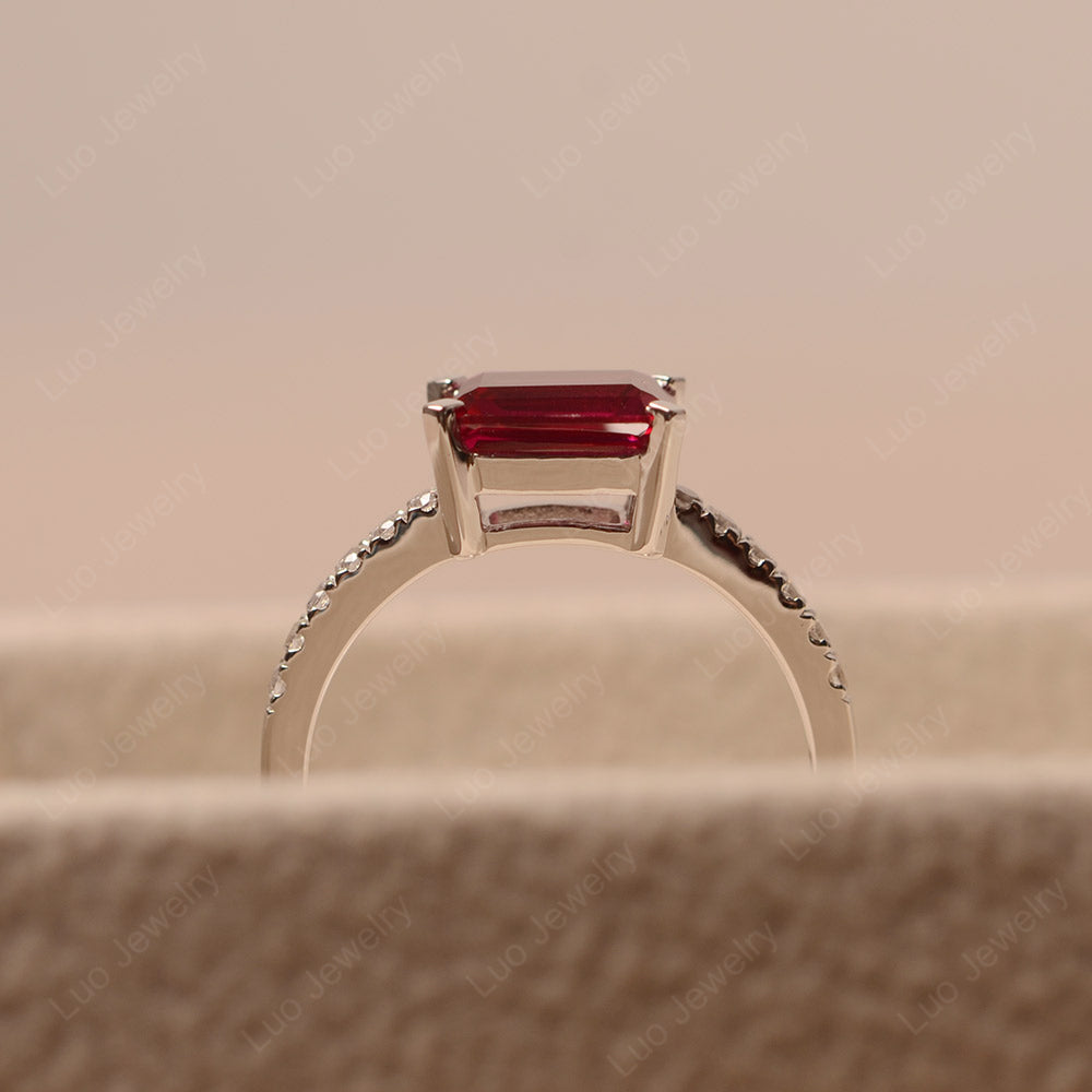 Emerald Cut Ruby Ring Horizontal Engagement Ring - LUO Jewelry