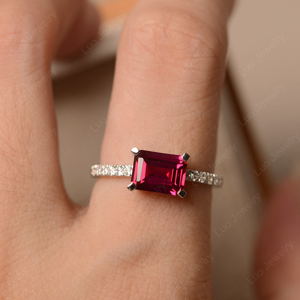 Emerald Cut Ruby Ring Horizontal Engagement Ring - LUO Jewelry