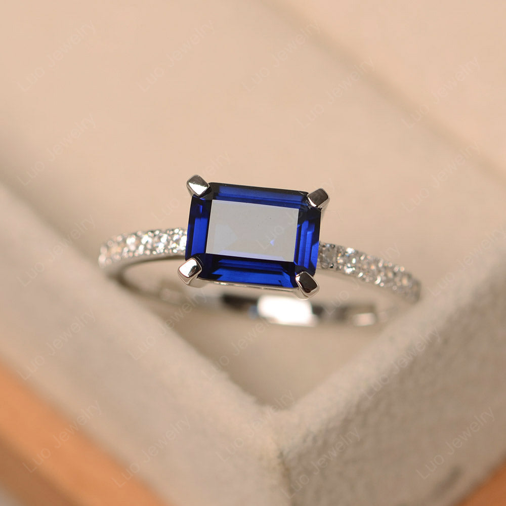 Emerald Cut Lab Sapphire Ring Horizontal Engagement Ring - LUO Jewelry