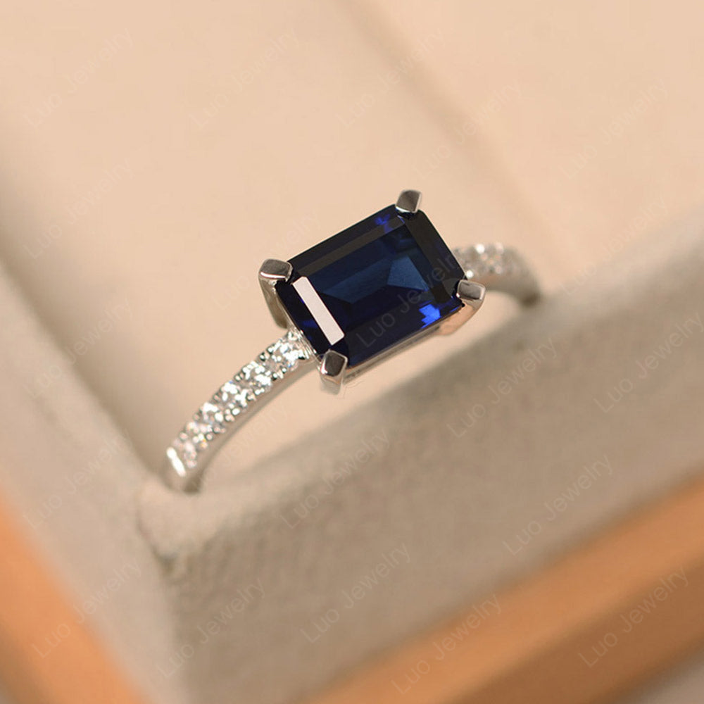 Emerald Cut Lab Sapphire Ring Horizontal Engagement Ring - LUO Jewelry