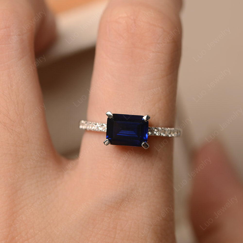 Emerald Cut Lab Sapphire Ring Horizontal Engagement Ring - LUO Jewelry