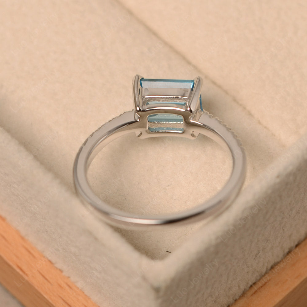 Emerald Cut Swiss Blue Topaz Ring Horizontal Engagement Ring - LUO Jewelry
