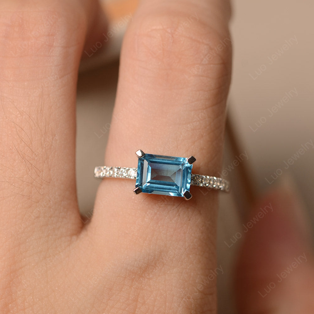 Emerald Cut Swiss Blue Topaz Ring Horizontal Engagement Ring - LUO Jewelry