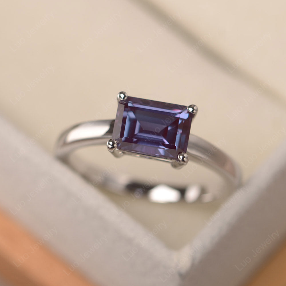 Horizontal Emerald Cut Alexandrite Solitaire Ring - LUO Jewelry