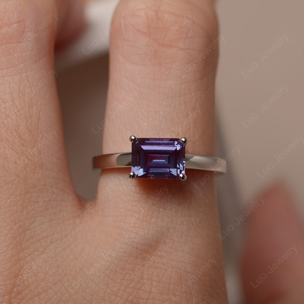 Horizontal Emerald Cut Alexandrite Solitaire Ring - LUO Jewelry