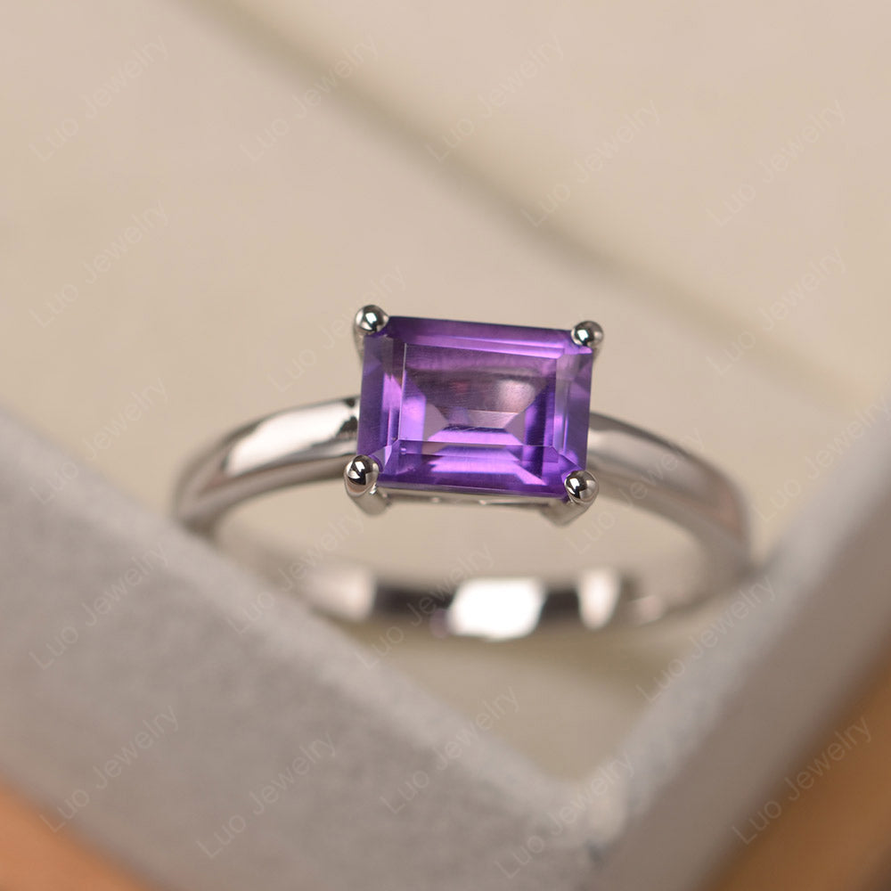 Horizontal Emerald Cut Amethyst Solitaire Ring - LUO Jewelry