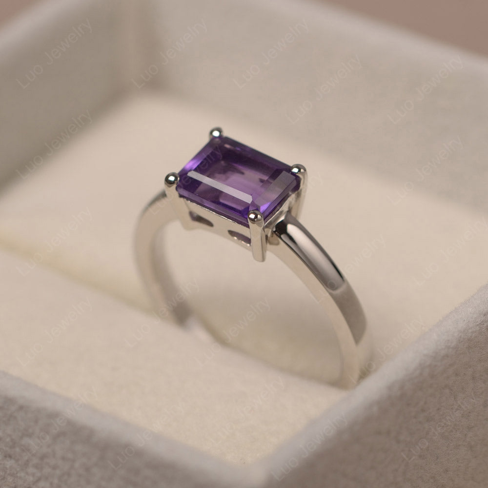 Horizontal Emerald Cut Amethyst Solitaire Ring - LUO Jewelry