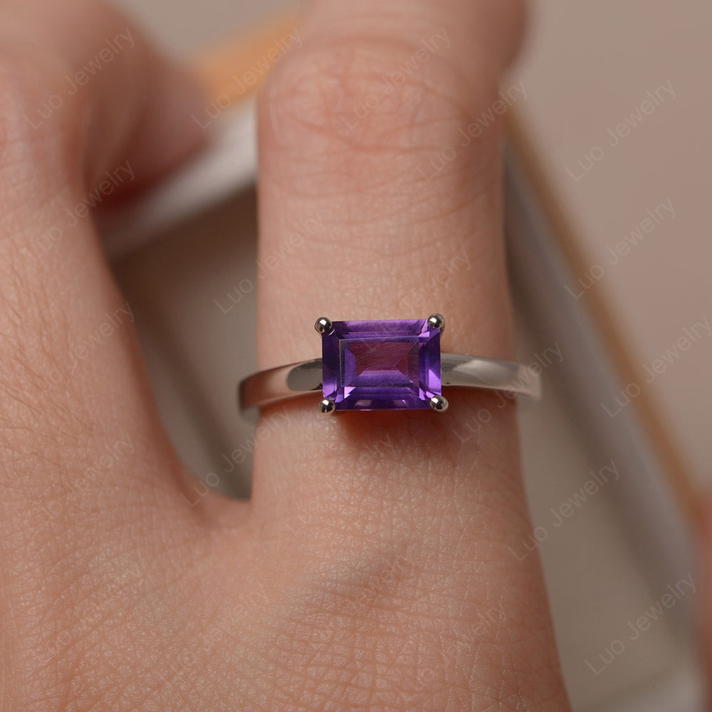 Horizontal Emerald Cut Amethyst Solitaire Ring - LUO Jewelry