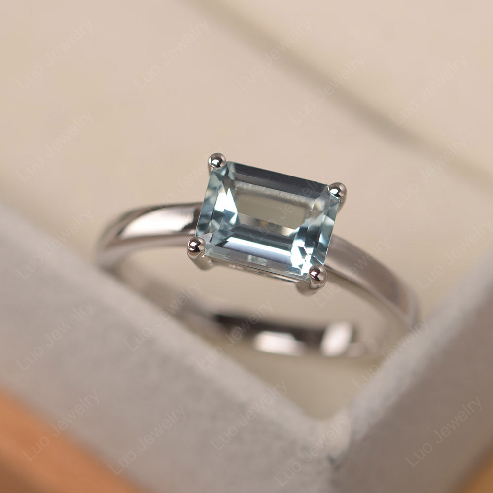 Horizontal Emerald Cut Aquamarine Solitaire Ring - LUO Jewelry