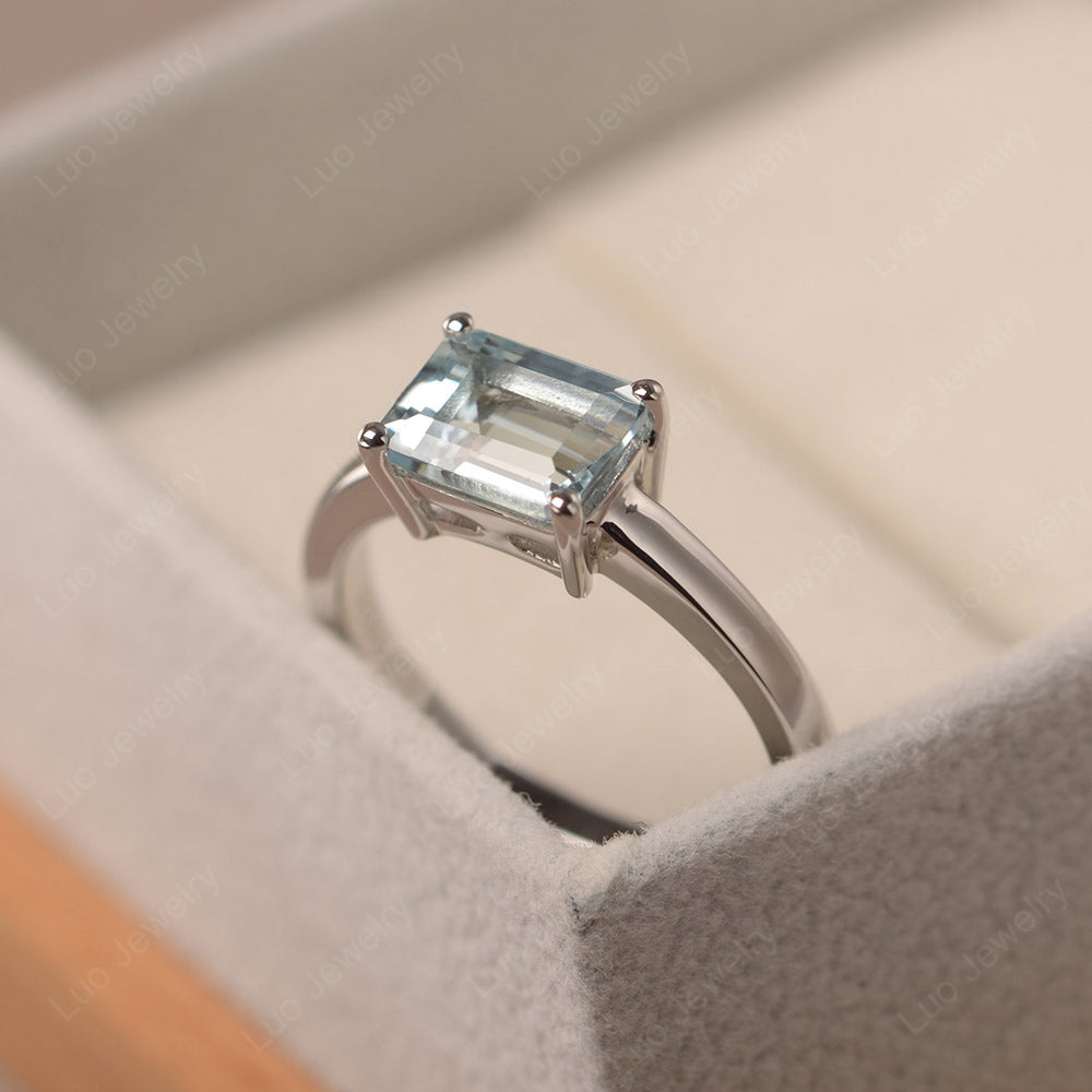 Horizontal Emerald Cut Aquamarine Solitaire Ring - LUO Jewelry