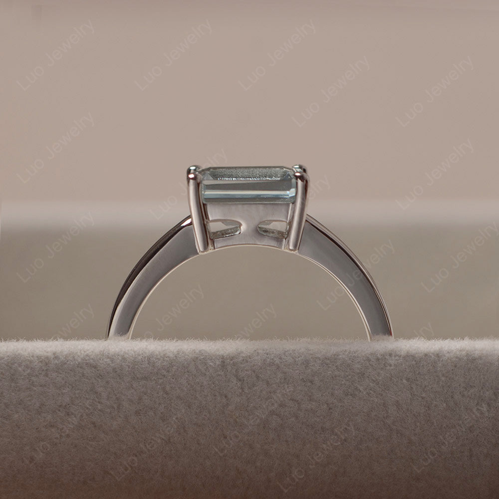 Horizontal Emerald Cut Aquamarine Solitaire Ring - LUO Jewelry