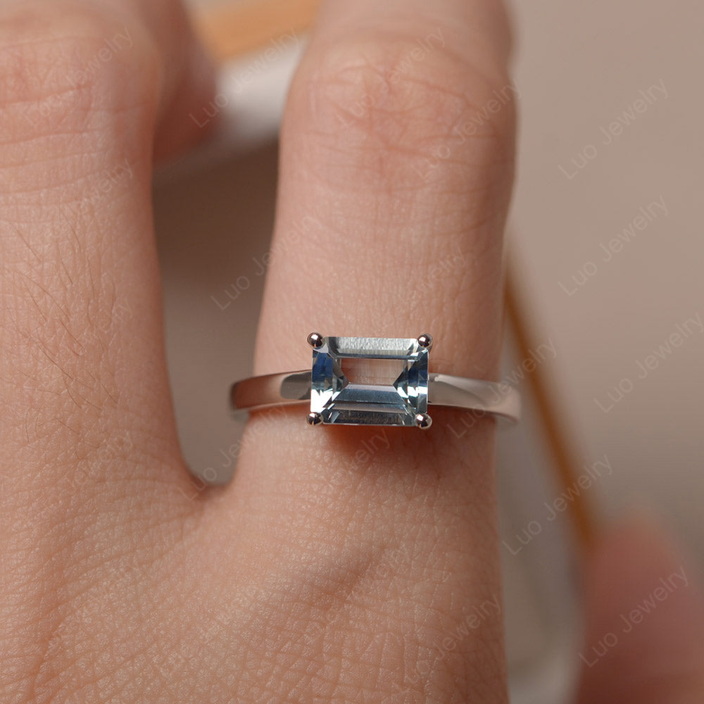 Horizontal Emerald Cut Aquamarine Solitaire Ring - LUO Jewelry