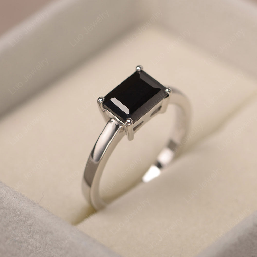 Horizontal Emerald Cut Black Spinel Solitaire Ring - LUO Jewelry