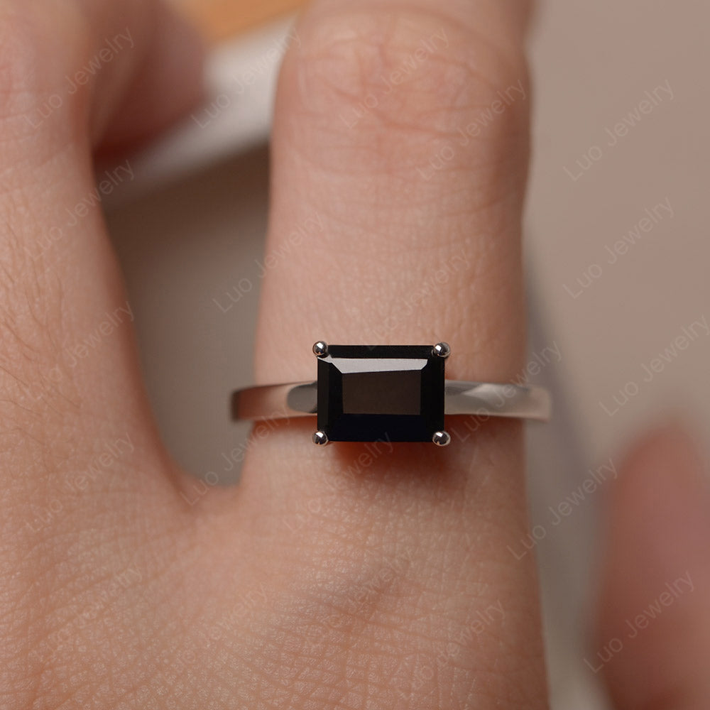 Horizontal Emerald Cut Black Spinel Solitaire Ring - LUO Jewelry