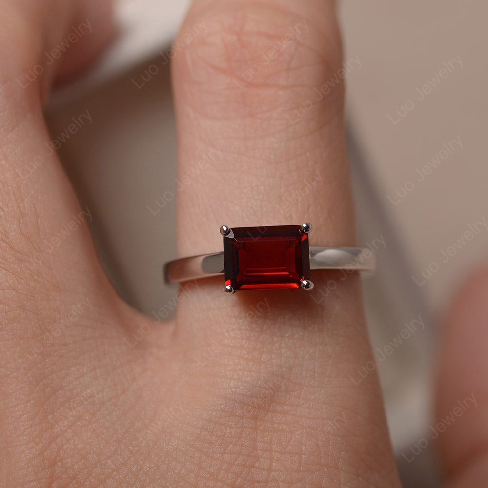 Horizontal Emerald Cut Garnet Solitaire Ring - LUO Jewelry