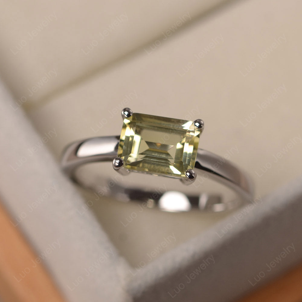 Horizontal Emerald Cut Lemon Quartz Solitaire Ring - LUO Jewelry