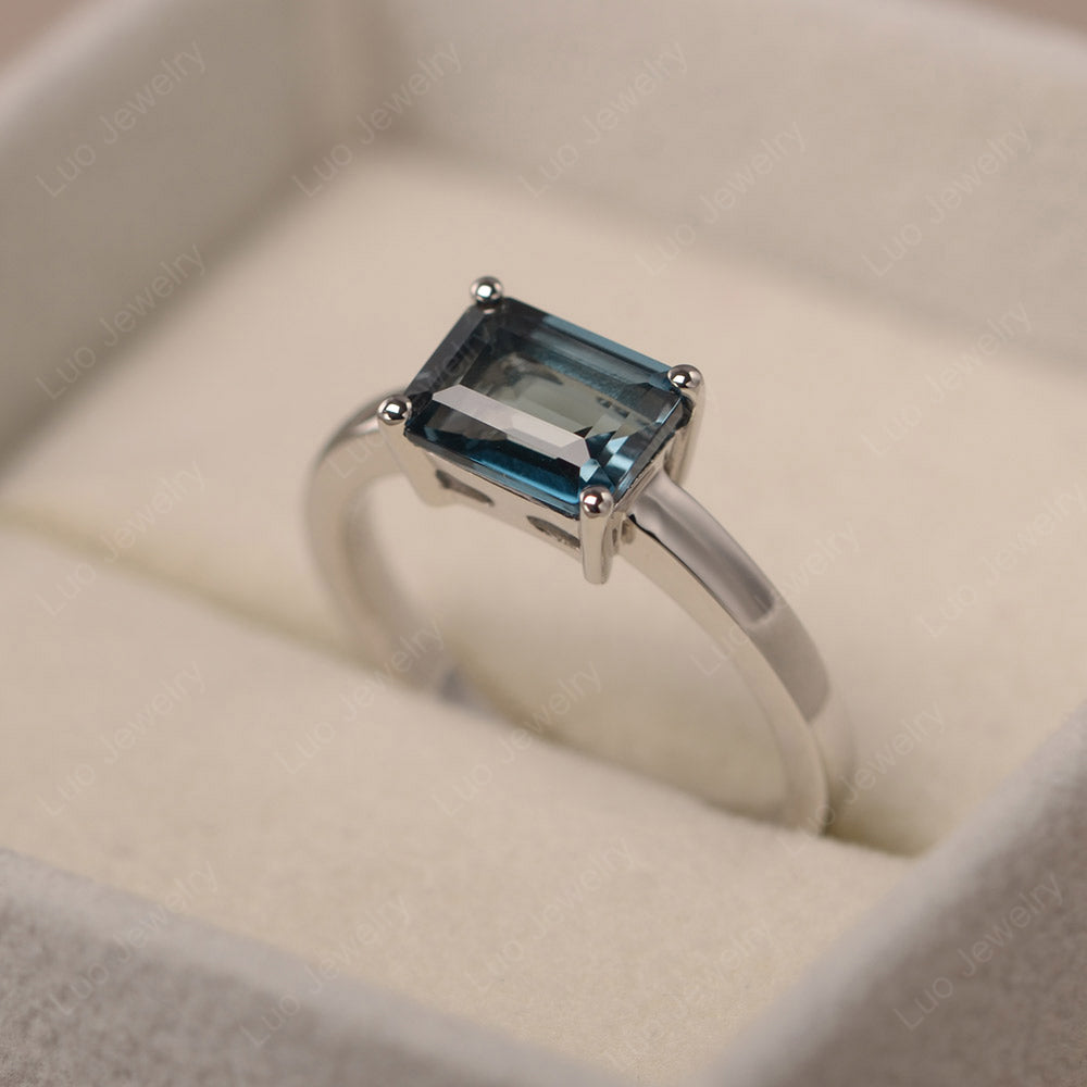 Horizontal Emerald Cut London Blue Topaz Solitaire Ring - LUO Jewelry