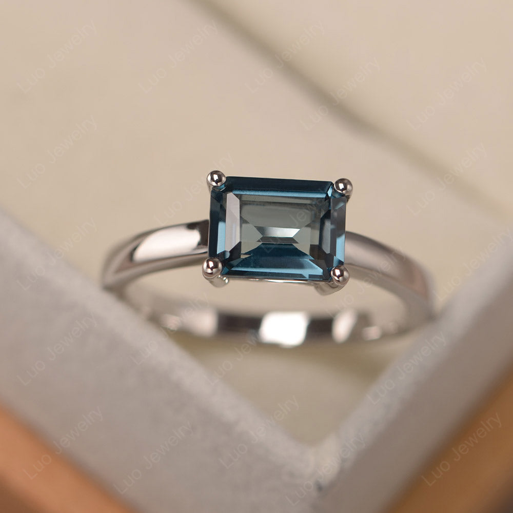 Horizontal Emerald Cut London Blue Topaz Solitaire Ring - LUO Jewelry