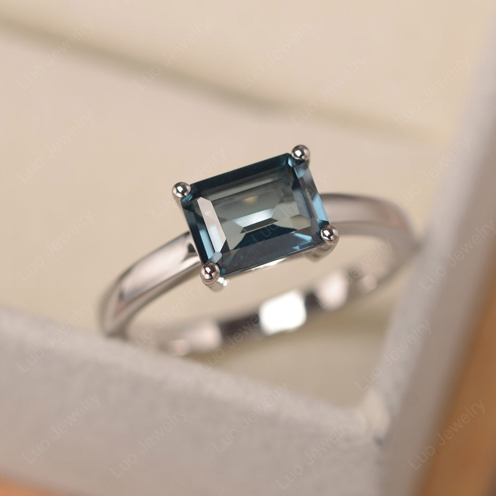 Horizontal Emerald Cut London Blue Topaz Solitaire Ring - LUO Jewelry