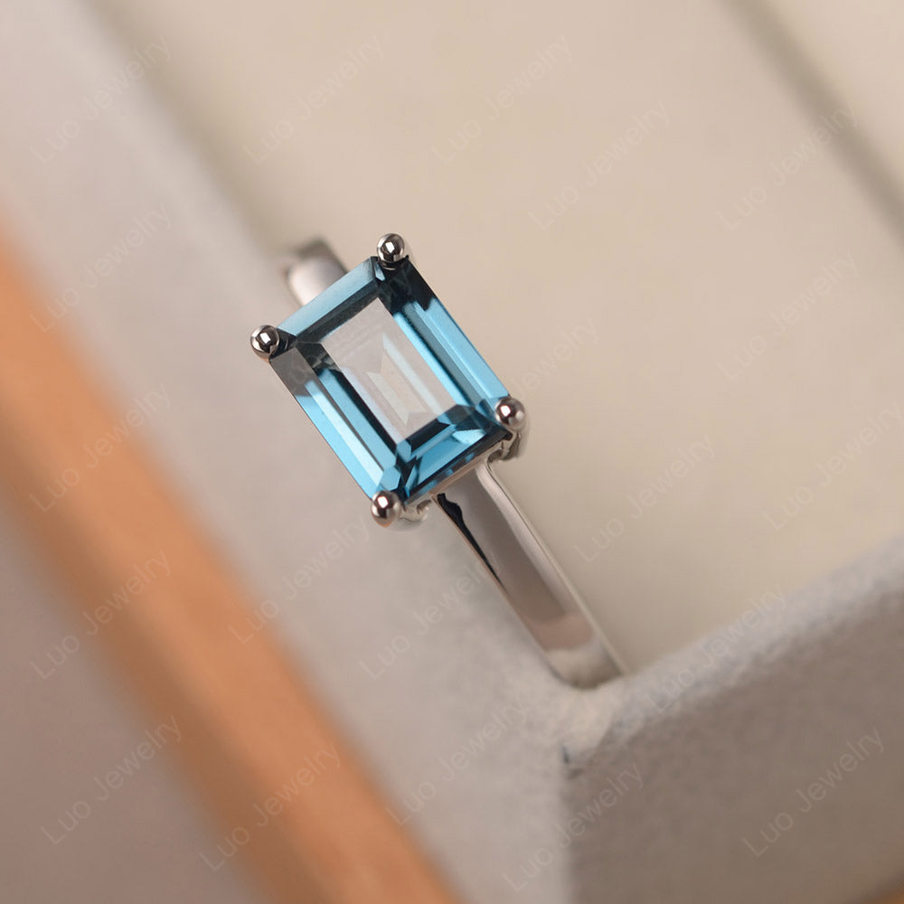 Horizontal Emerald Cut London Blue Topaz Solitaire Ring - LUO Jewelry