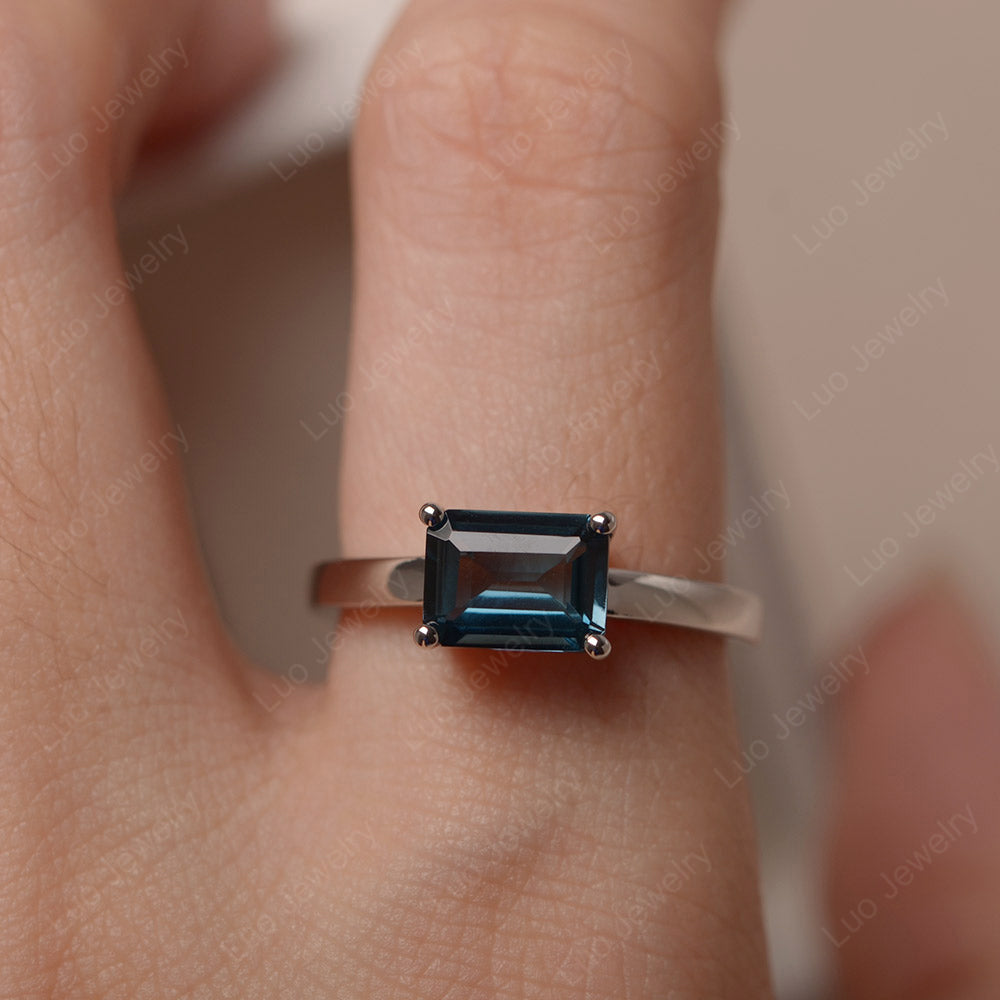 Horizontal Emerald Cut London Blue Topaz Solitaire Ring - LUO Jewelry