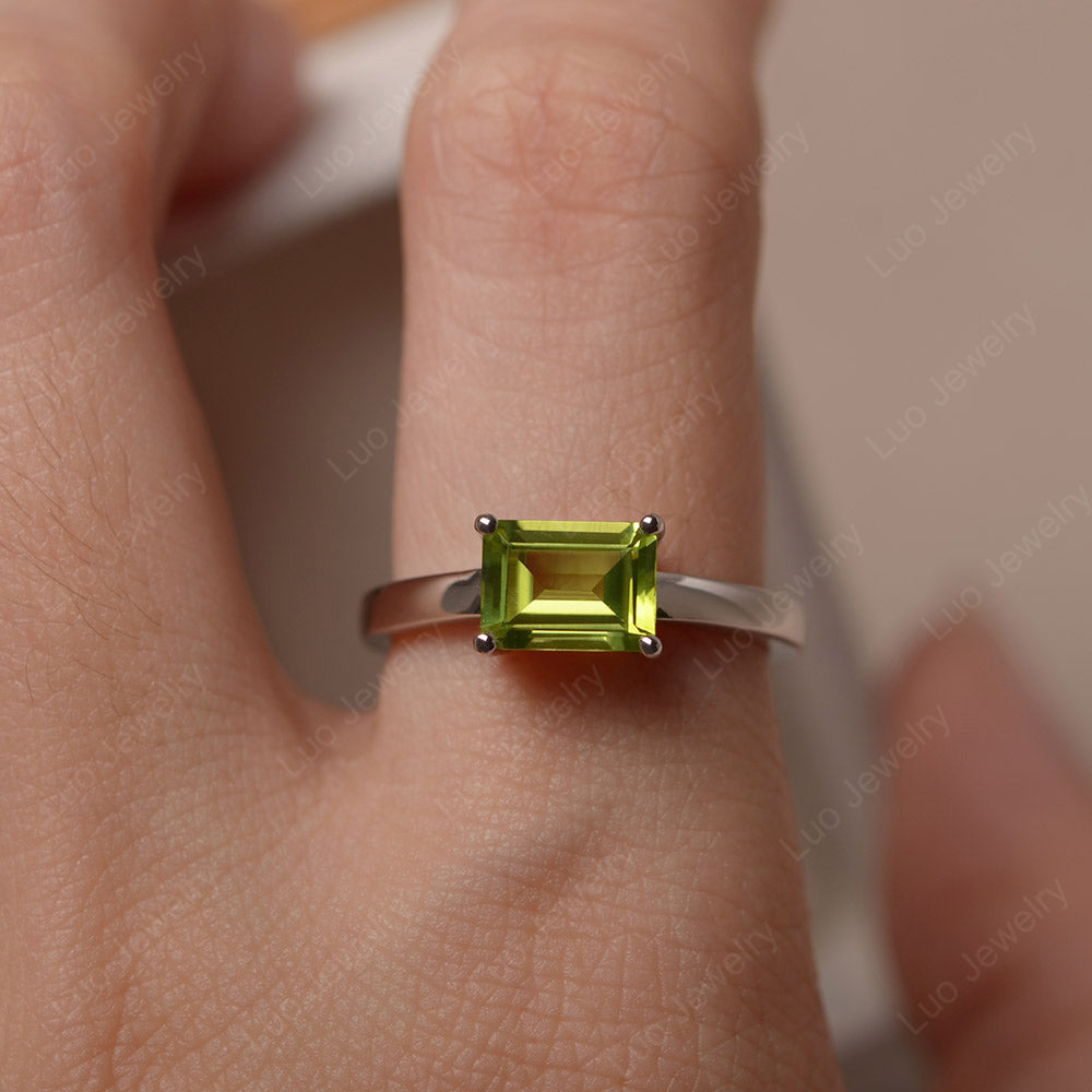 Horizontal Emerald Cut Peridot Solitaire Ring - LUO Jewelry