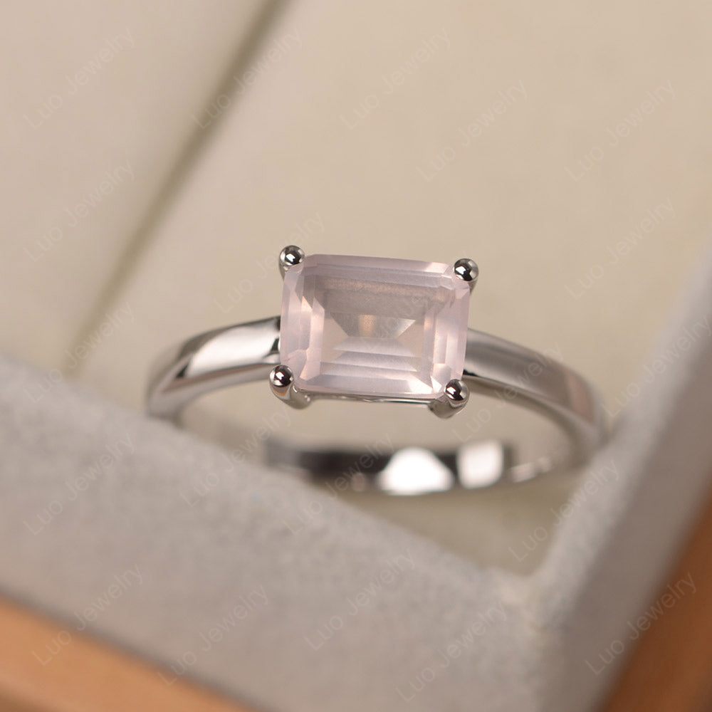 Horizontal Emerald Cut Rose Quartz Solitaire Ring - LUO Jewelry