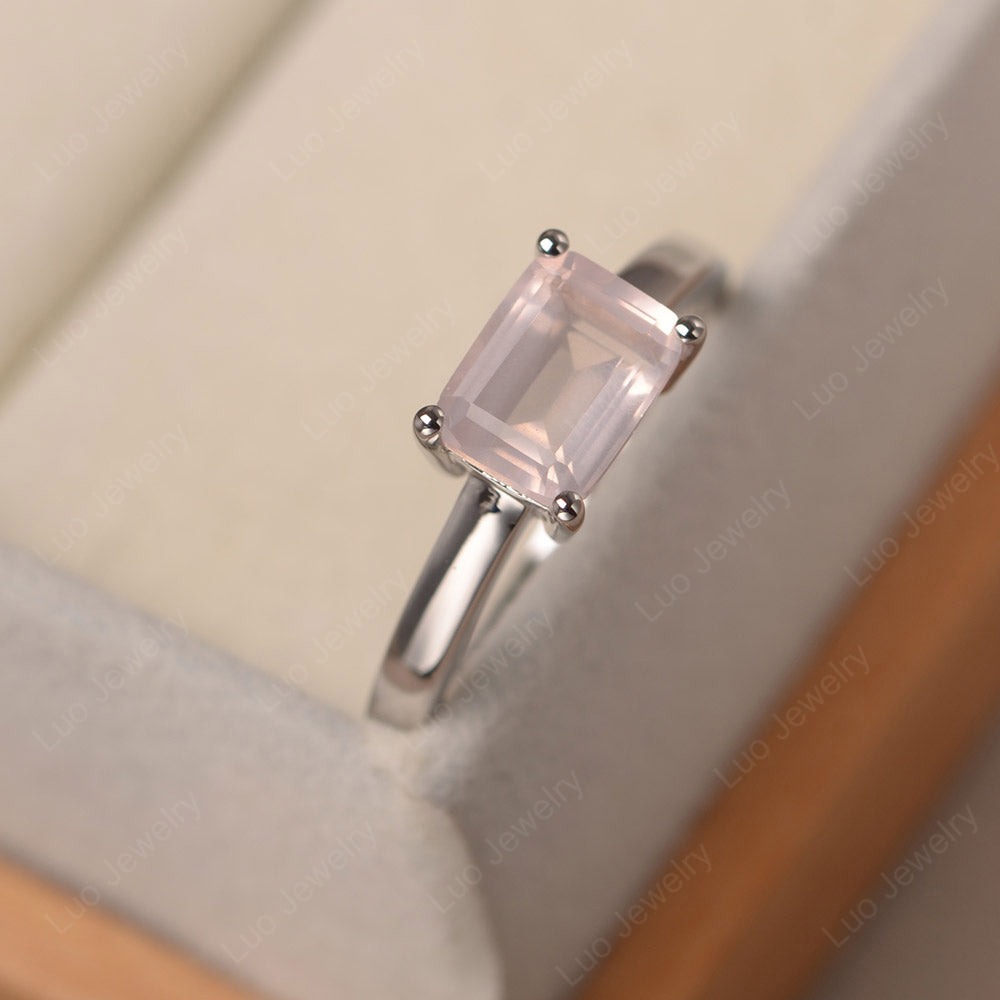 Horizontal Emerald Cut Rose Quartz Solitaire Ring - LUO Jewelry