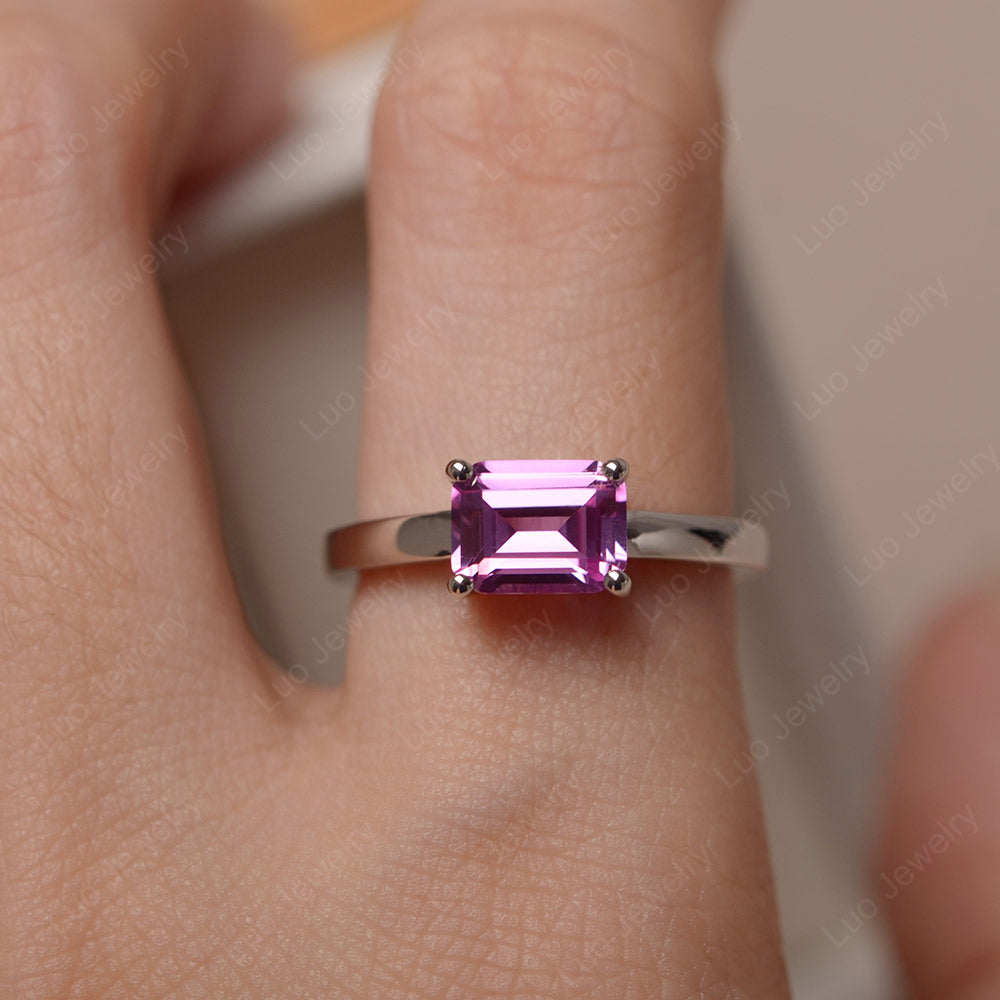 Horizontal Emerald Cut Pink Sapphire Solitaire Ring - LUO Jewelry