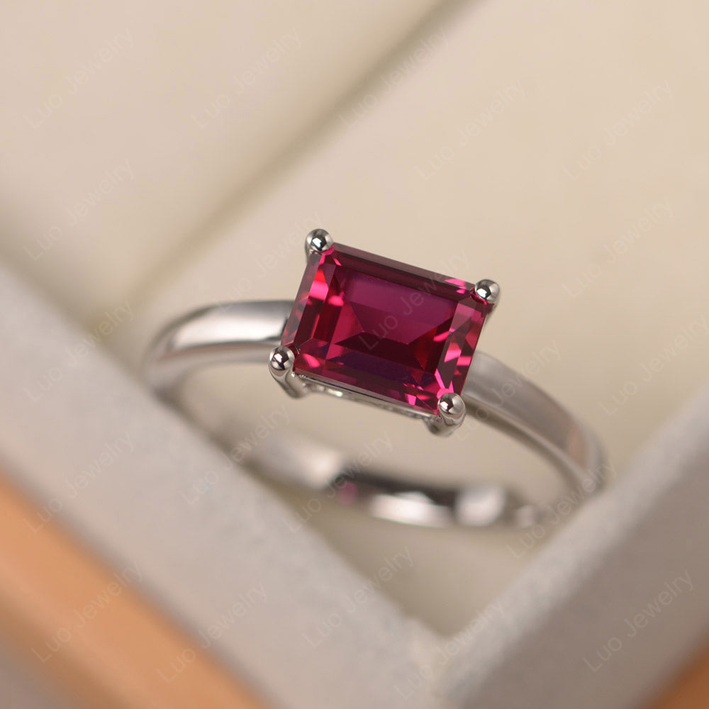 Horizontal Emerald Cut Ruby Solitaire Ring - LUO Jewelry