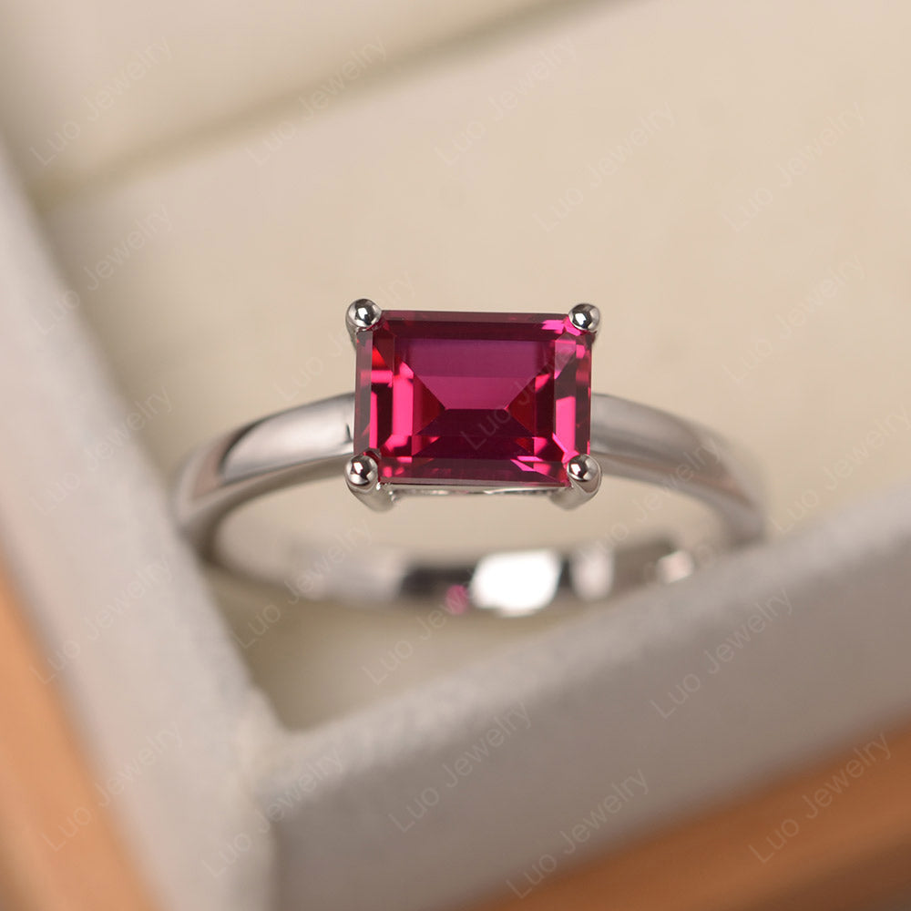 Horizontal Emerald Cut Ruby Solitaire Ring - LUO Jewelry