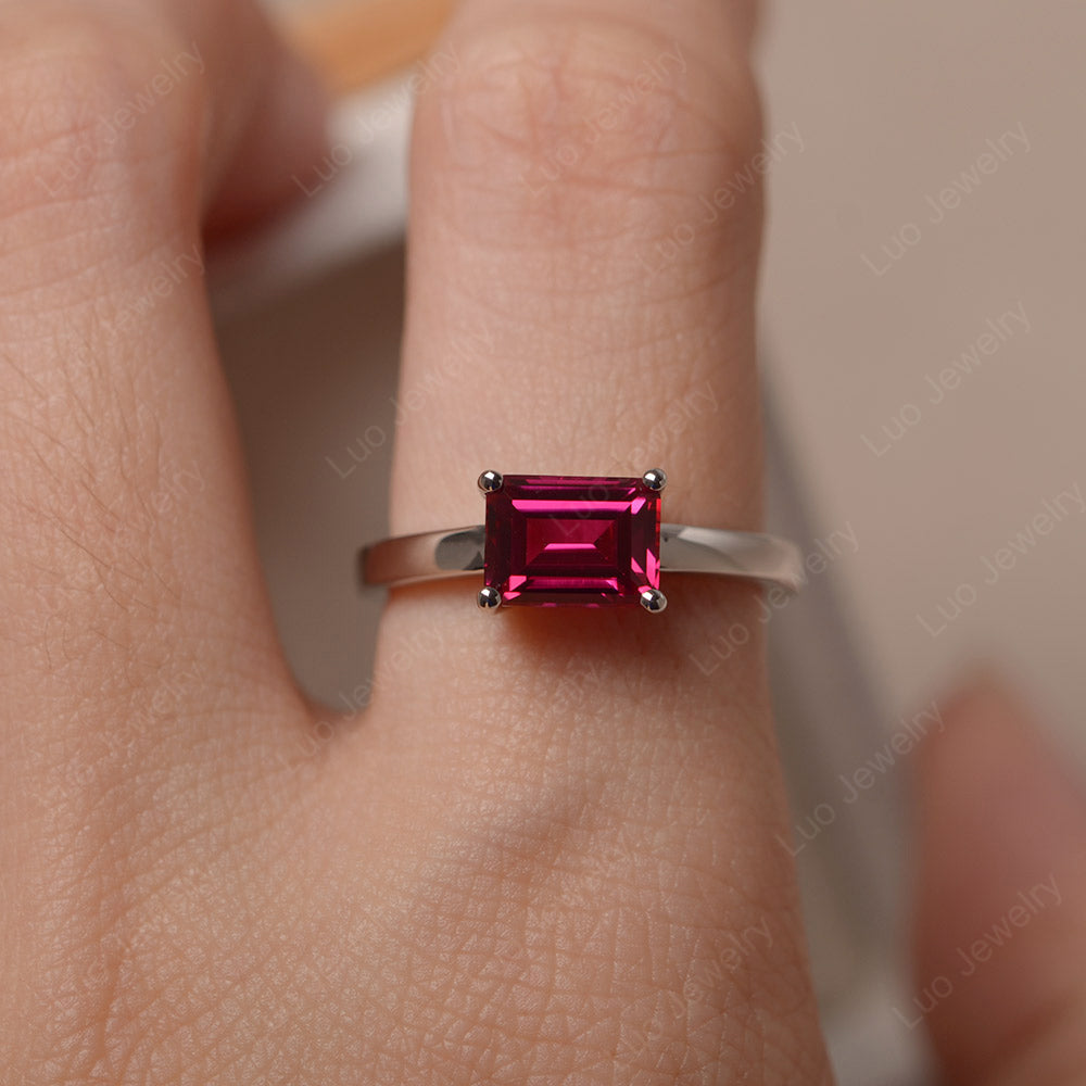 Horizontal Emerald Cut Ruby Solitaire Ring - LUO Jewelry