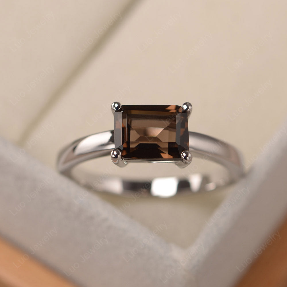 Horizontal Emerald Cut Smoky Quartz  Solitaire Ring - LUO Jewelry
