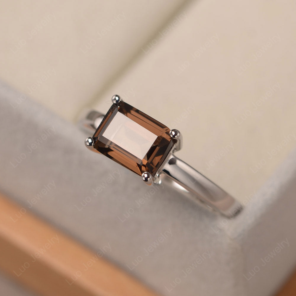 Horizontal Emerald Cut Smoky Quartz  Solitaire Ring - LUO Jewelry