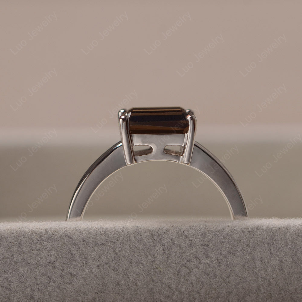 Horizontal Emerald Cut Smoky Quartz  Solitaire Ring - LUO Jewelry