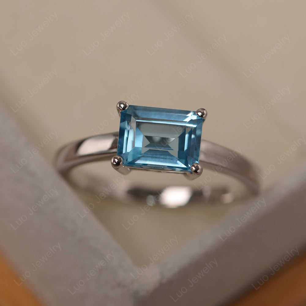 Horizontal Emerald Cut Swiss Blue Topaz Solitaire Ring - LUO Jewelry